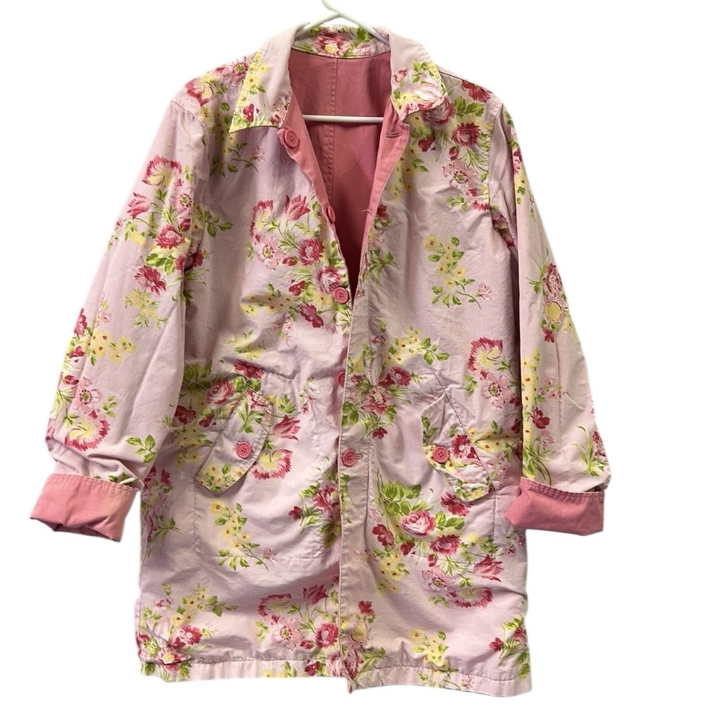 Vintage Pink Floral Reversible Button Flap Pockets Collared Jacket Coat Size XL - Picture 11 of 16